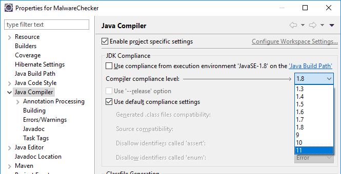 change java compiler compliance level