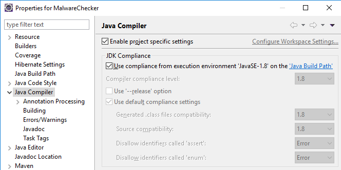 default java compiler 1.8 in eclipse