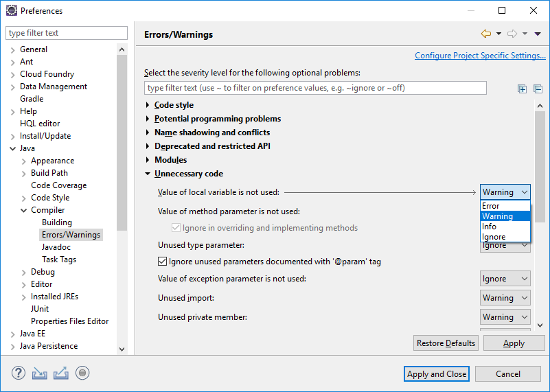 customize errors warnings in eclipse