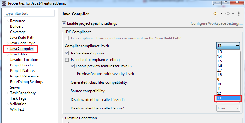 java compiler level 13