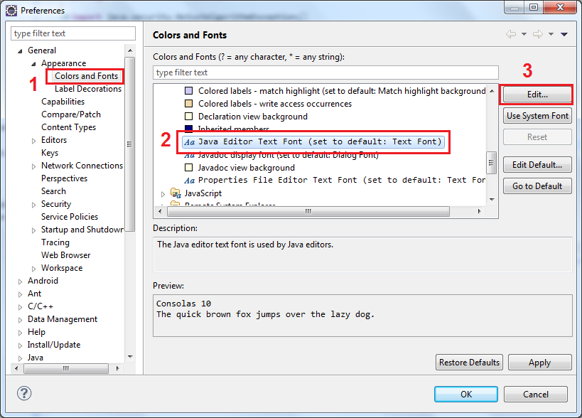 How to change font for Java code in Eclipse