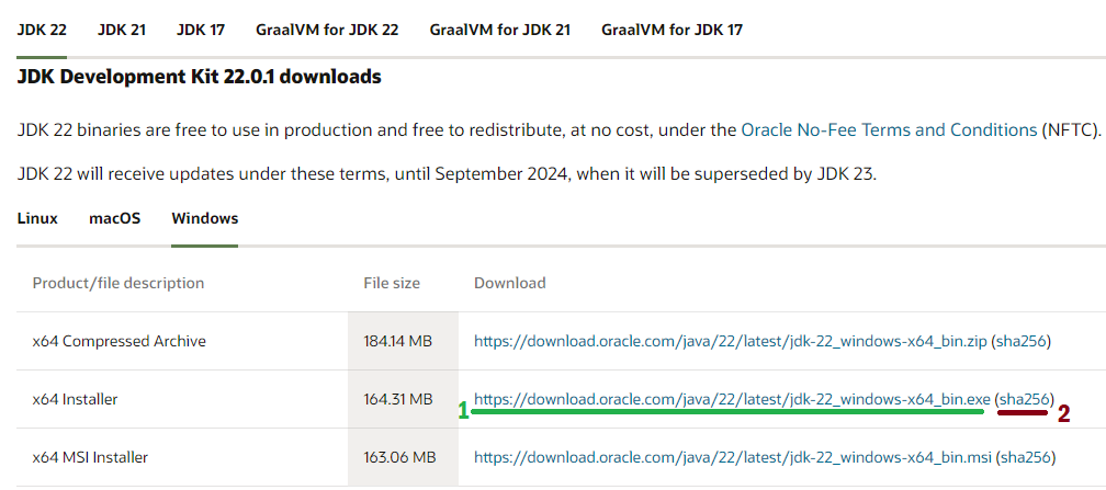 Oracle JDK 22 download for windows