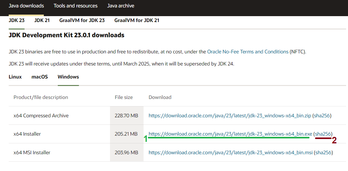 Oracle JDK 23 download for Windows