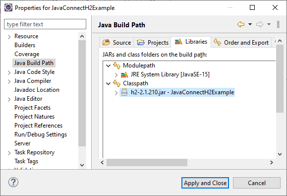 Java Build Path H2 Jar file