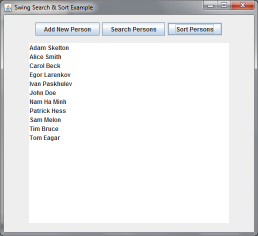 Swing Search and Sort Example - sorted list