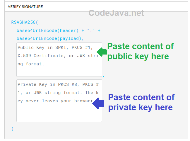 Verify JWT signature with public and private keys